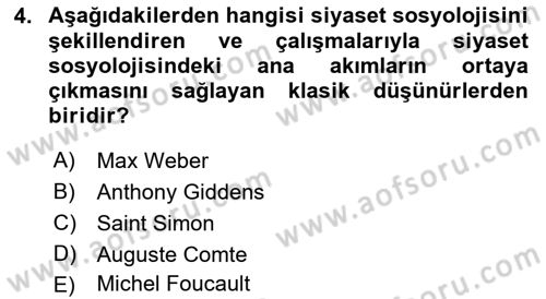 Siyaset Sosyolojisi Dersi 2021 - 2022 Yılı (Vize) Ara Sınav Soruları 4. Soru