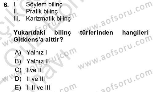 Siyaset Sosyolojisi Dersi 2021 - 2022 Yılı (Vize) Ara Sınavı 6. Soru