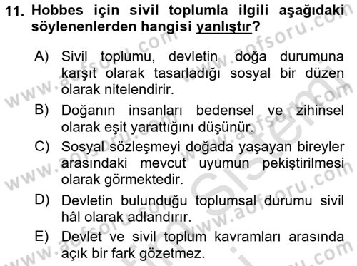 Siyaset Sosyolojisi Dersi 2021 - 2022 Yılı (Final) Dönem Sonu Sınav Soruları 11. Soru
