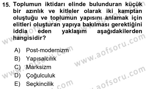 Siyaset Sosyolojisi Dersi 2022 - 2023 Yılı (Vize) Ara Sınav Soruları 15. Soru