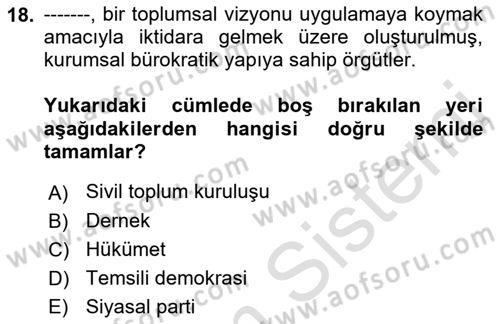 Siyaset Sosyolojisi Dersi 2022 - 2023 Yılı (Vize) Ara Sınavı 18. Soru