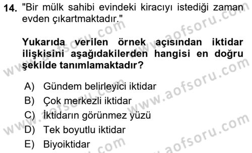 Siyaset Sosyolojisi Dersi Ara Sınavı Deneme Sınav Soruları 14. Soru