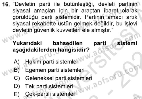 Siyaset Sosyolojisi Dersi Ara Sınavı Deneme Sınav Soruları 16. Soru
