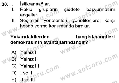 Siyaset Sosyolojisi Dersi 2023 - 2024 Yılı (Vize) Ara Sınav Soruları 20. Soru