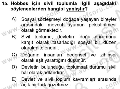 Siyaset Sosyolojisi Dersi 2023 - 2024 Yılı Yaz Okulu Sınav Soruları 15. Soru