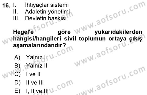 Siyaset Sosyolojisi Dersi 2023 - 2024 Yılı Yaz Okulu Sınav Soruları 16. Soru