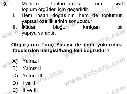 Siyaset Sosyolojisi Dersi 2023 - 2024 Yılı Yaz Okulu Sınav Soruları 9. Soru
