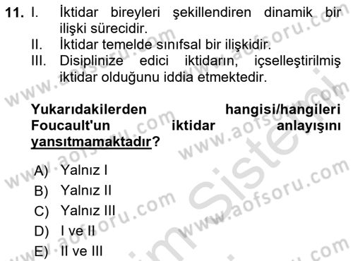 Siyaset Sosyolojisi Dersi Ara Sınavı Deneme Sınav Soruları 11. Soru