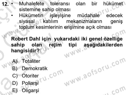 Siyaset Sosyolojisi Dersi Ara Sınavı Deneme Sınav Soruları 12. Soru