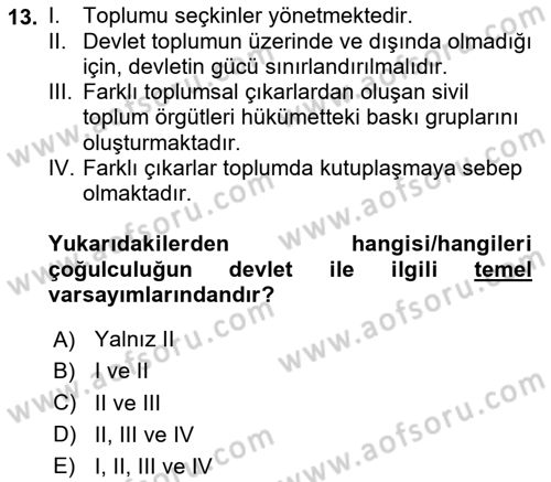 Siyaset Sosyolojisi Dersi 2024 - 2025 Yılı (Vize) Ara Sınav Soruları 13. Soru