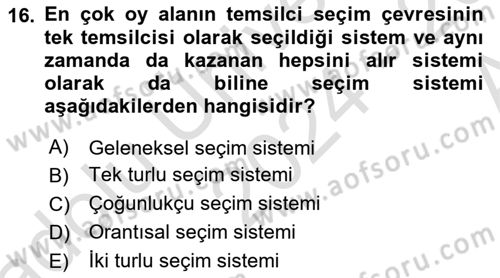 Siyaset Sosyolojisi Dersi 2024 - 2025 Yılı (Vize) Ara Sınav Soruları 16. Soru