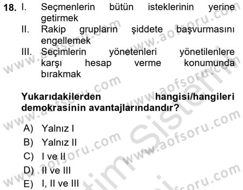 Siyaset Sosyolojisi Dersi Ara Sınavı Deneme Sınav Soruları 18. Soru