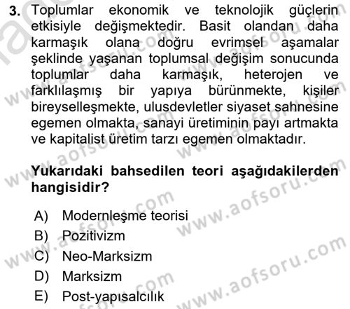 Siyaset Sosyolojisi Dersi Ara Sınavı Deneme Sınav Soruları 3. Soru