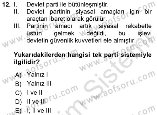 Siyaset Sosyolojisi Dersi 2024 - 2025 Yılı Yaz Okulu Sınav Soruları 12. Soru