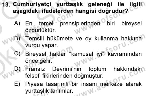 Siyaset Sosyolojisi Dersi 2024 - 2025 Yılı Yaz Okulu Sınav Soruları 13. Soru