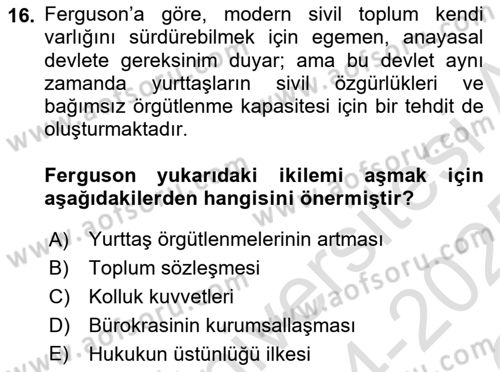 Siyaset Sosyolojisi Dersi 2024 - 2025 Yılı Yaz Okulu Sınav Soruları 16. Soru