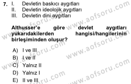 Siyaset Sosyolojisi Dersi 2024 - 2025 Yılı Yaz Okulu Sınav Soruları 7. Soru