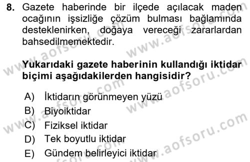 Siyaset Sosyolojisi Dersi 2024 - 2025 Yılı Yaz Okulu Sınav Soruları 8. Soru