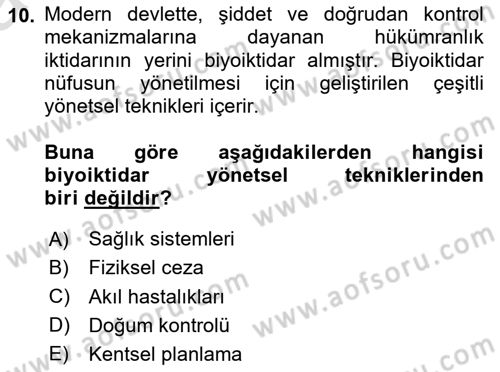 Siyaset Sosyolojisi Dersi 2025 - 2026 Yılı (Vize) Ara Sınav Soruları 10. Soru