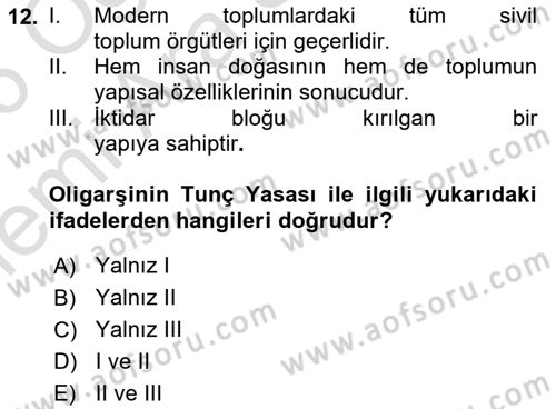 Siyaset Sosyolojisi Dersi 2025 - 2026 Yılı (Vize) Ara Sınav Soruları 12. Soru