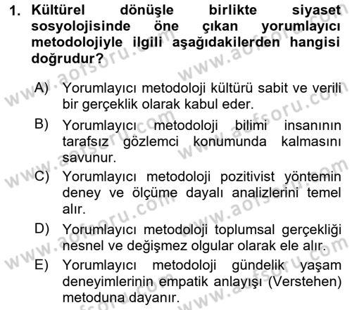 Siyaset Sosyolojisi Dersi 2025 - 2026 Yılı (Final) Dönem Sonu Sınav Soruları 1. Soru