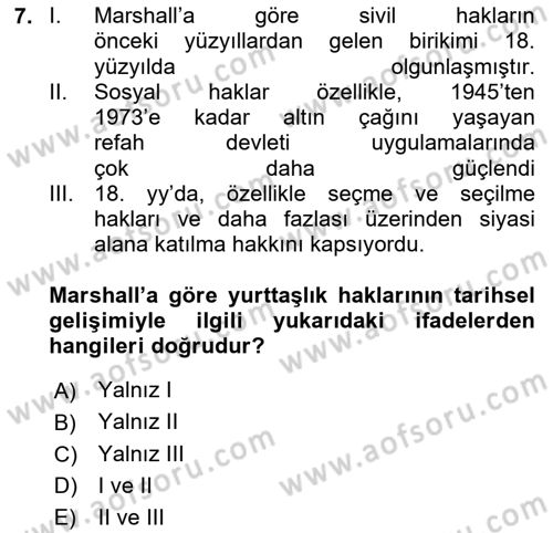 Siyaset Sosyolojisi Dersi 2025 - 2026 Yılı (Final) Dönem Sonu Sınav Soruları 7. Soru