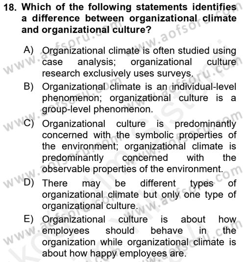 Organizational Behavior Dersi 2018 - 2019 Yılı (Vize) Ara Sınav Soruları 18. Soru