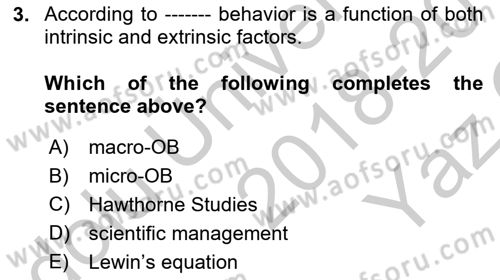 Organizational Behavior Dersi 2018 - 2019 Yılı Yaz Okulu Sınav Soruları 3. Soru
