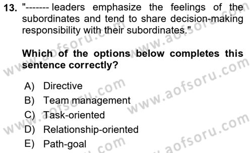 Organizational Behavior Dersi 2020 - 2021 Yılı Yaz Okulu Sınav Soruları 13. Soru