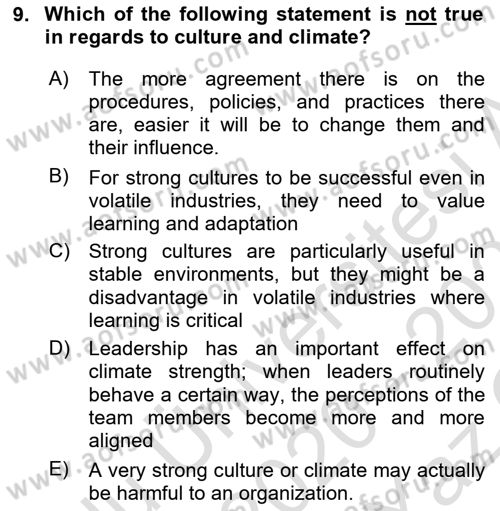 Organizational Behavior Dersi 2020 - 2021 Yılı Yaz Okulu Sınav Soruları 9. Soru