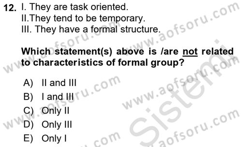 Organizational Behavior Dersi 2021 - 2022 Yılı Yaz Okulu Sınav Soruları 12. Soru