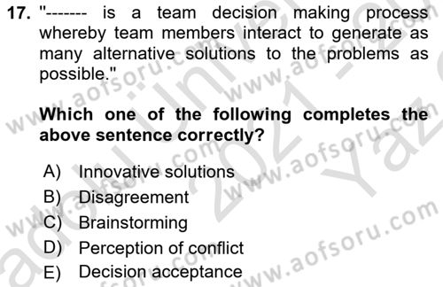 Organizational Behavior Dersi 2021 - 2022 Yılı Yaz Okulu Sınav Soruları 17. Soru
