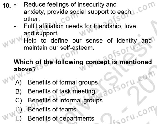 Organizational Behavior Dersi 2022 - 2023 Yılı Yaz Okulu Sınav Soruları 10. Soru