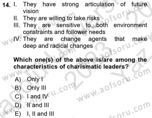 Organizational Behavior Dersi 2023 - 2024 Yılı Yaz Okulu Sınav Soruları 14. Soru