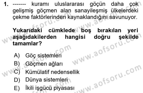 Göç Sosyolojisi Dersi 2020 - 2021 Yılı Yaz Okulu Sınav Soruları 1. Soru