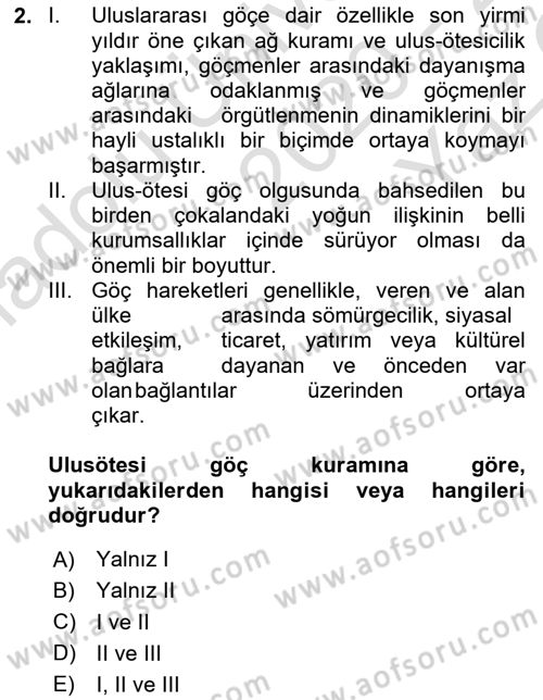 Göç Sosyolojisi Dersi 2020 - 2021 Yılı Yaz Okulu Sınav Soruları 2. Soru