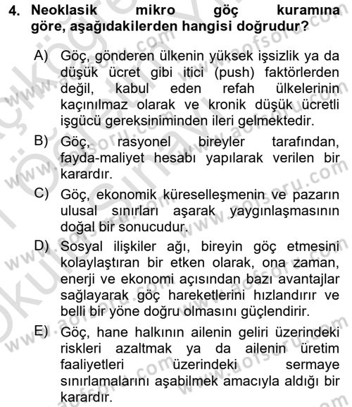 Göç Sosyolojisi Dersi 2020 - 2021 Yılı Yaz Okulu Sınav Soruları 4. Soru