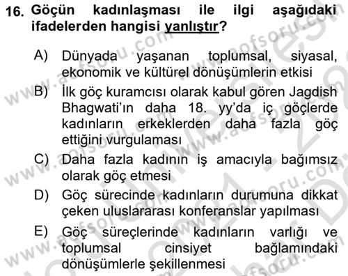 Göç Sosyolojisi Dersi 2021 - 2022 Yılı (Vize) Ara Sınav Soruları 16. Soru