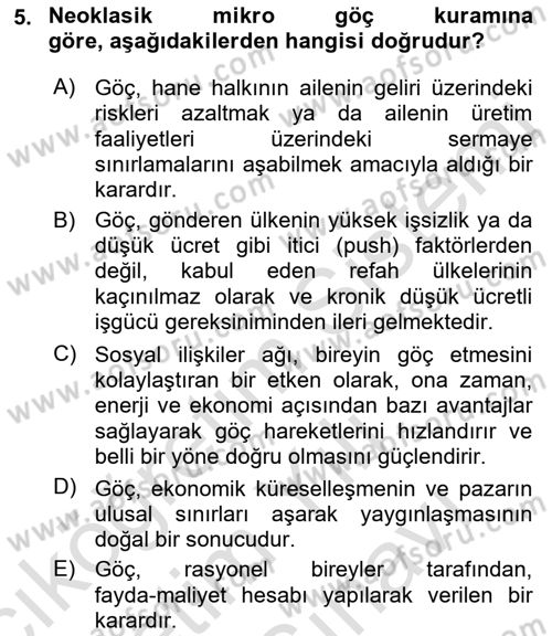 Göç Sosyolojisi Dersi 2021 - 2022 Yılı (Vize) Ara Sınav Soruları 5. Soru