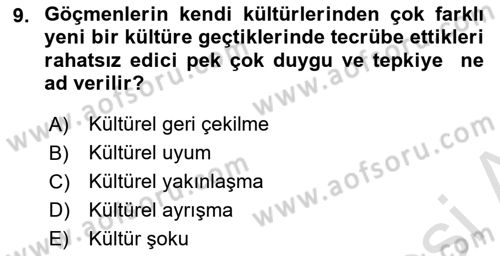 Göç Sosyolojisi Dersi 2021 - 2022 Yılı (Vize) Ara Sınav Soruları 9. Soru