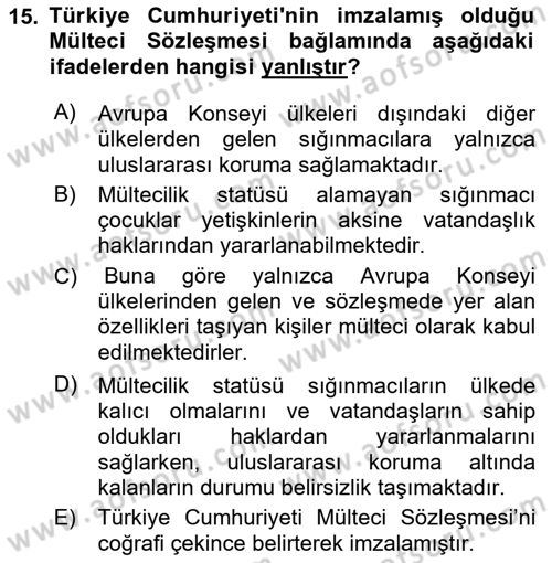 Göç Sosyolojisi Dersi 2021 - 2022 Yılı (Final) Dönem Sonu Sınav Soruları 15. Soru