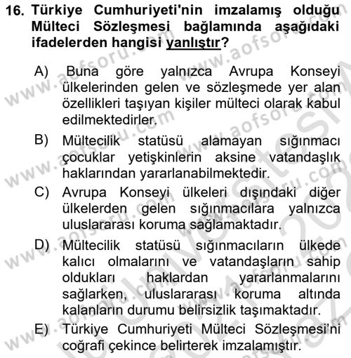 Göç Sosyolojisi Dersi 2021 - 2022 Yılı Yaz Okulu Sınav Soruları 16. Soru
