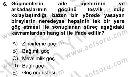 Göç Sosyolojisi Dersi 2021 - 2022 Yılı Yaz Okulu Sınav Soruları 6. Soru
