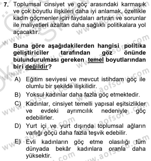 Göç Sosyolojisi Dersi 2021 - 2022 Yılı Yaz Okulu Sınav Soruları 7. Soru