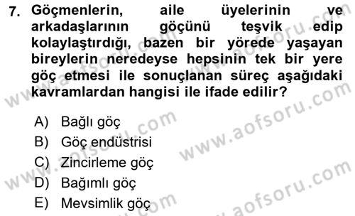 Göç Sosyolojisi Dersi 2022 - 2023 Yılı Yaz Okulu Sınav Soruları 7. Soru