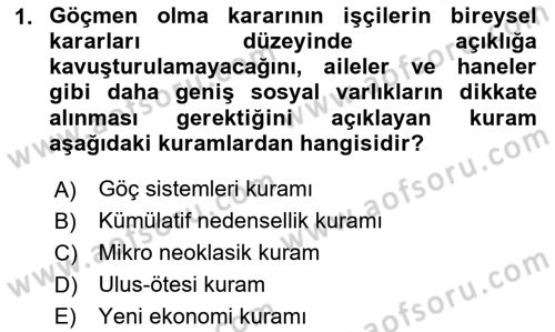 Göç Sosyolojisi Dersi 2023 - 2024 Yılı (Vize) Ara Sınav Soruları 1. Soru