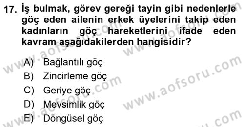 Göç Sosyolojisi Dersi 2023 - 2024 Yılı (Vize) Ara Sınav Soruları 17. Soru