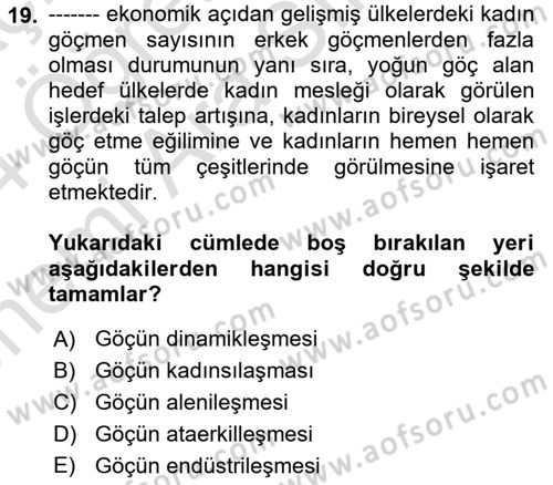 Göç Sosyolojisi Dersi 2023 - 2024 Yılı (Vize) Ara Sınavı 19. Soru