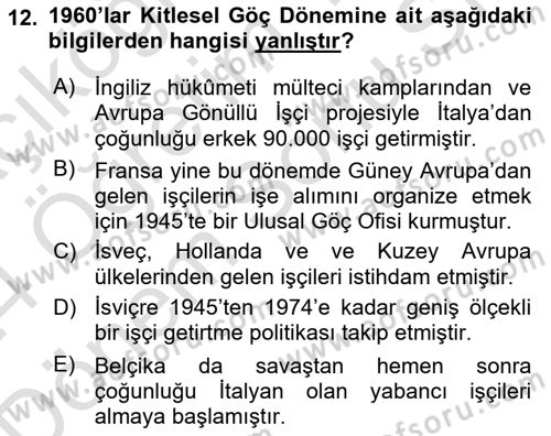 Göç Sosyolojisi Dersi 2023 - 2024 Yılı (Final) Dönem Sonu Sınav Soruları 12. Soru