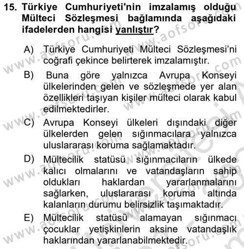Göç Sosyolojisi Dersi 2023 - 2024 Yılı (Final) Dönem Sonu Sınav Soruları 15. Soru